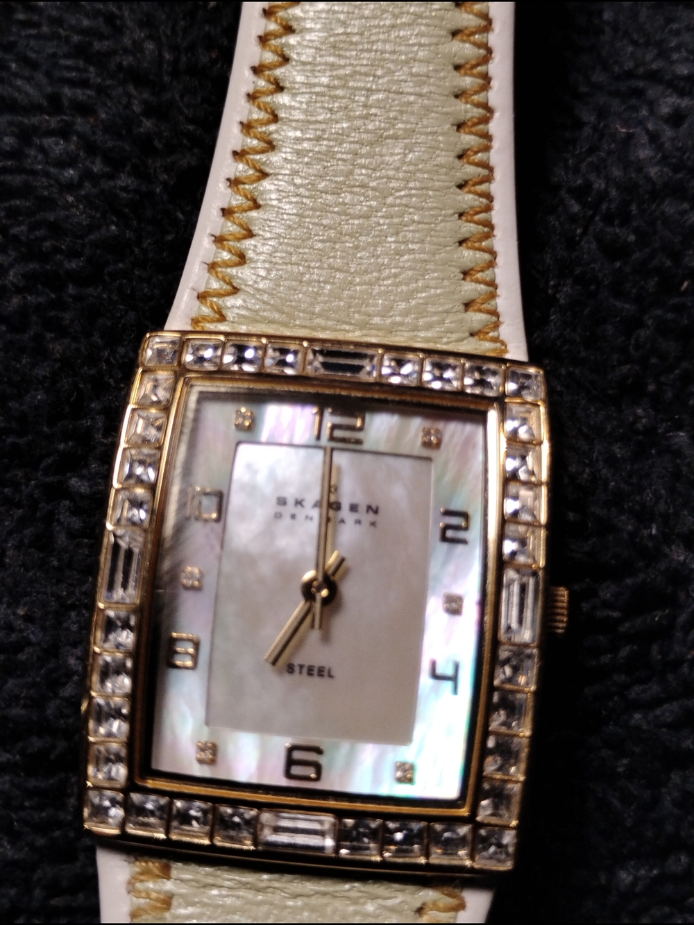 Skagen Gold-Tone Crystal Square Watch with Cream Leather Strap - Picture 4 of 9